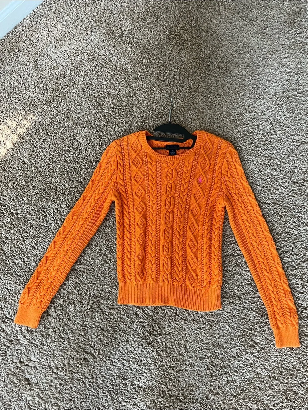 Ralph Lauren Orange Cable-Knit Crewneck Sweater Blue Label size 12/14 Girls